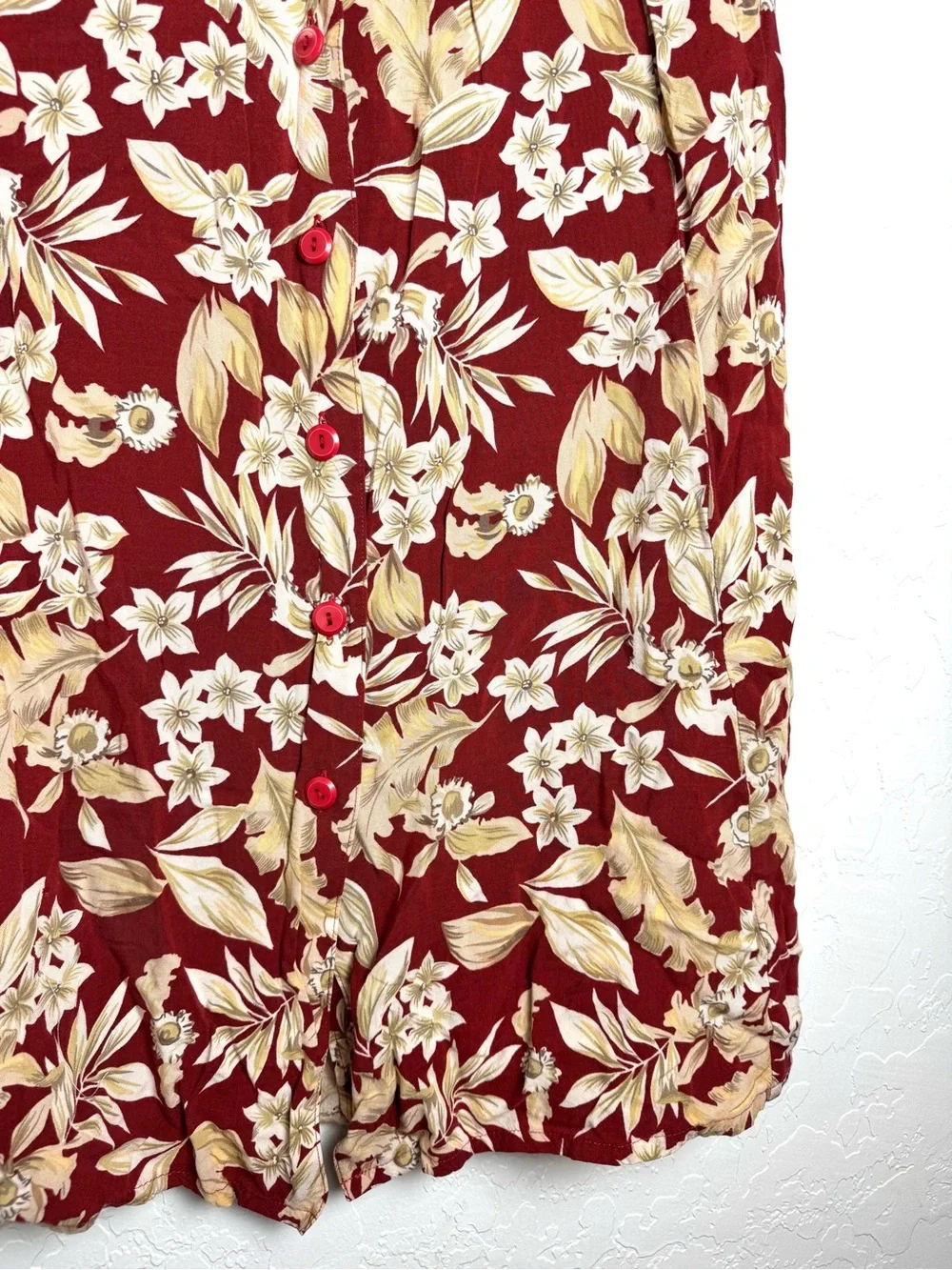 Sag Harbor Vintage Maroon Leaf Floral Button Front Midi Skirt